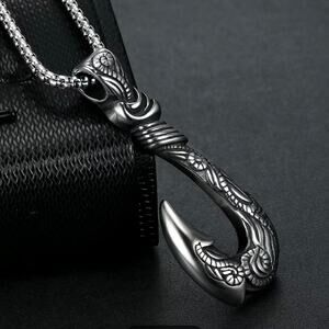 Titanium Steel Fish Hook Pendant Necklace Ocean Adventure Tribal Viking Unisex